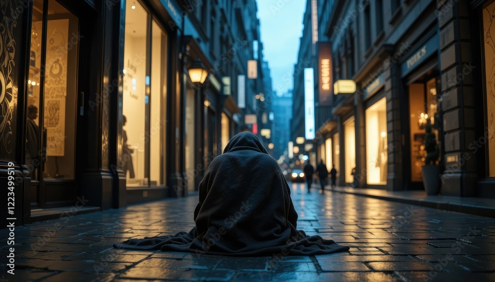 A homeless person huddled under a blanket on a dark alley, a stark contrast to the glowing luxury shops in the distance A homeless person huddled under a blanket on a dark alley, a stark contrast to the glowing luxury shops in the distance