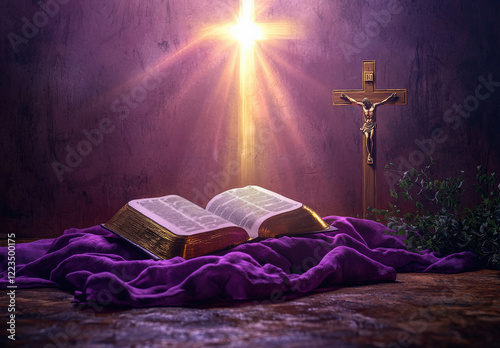 Wallpaper Mural Biblia abierta por la mitad sobre superficie cubierta con una tela de color morado, con una cruz cristiana amarilla iluminada, junto a un crucifijo con Jesucristo crucificado. Concepto Semana Santa  Torontodigital.ca