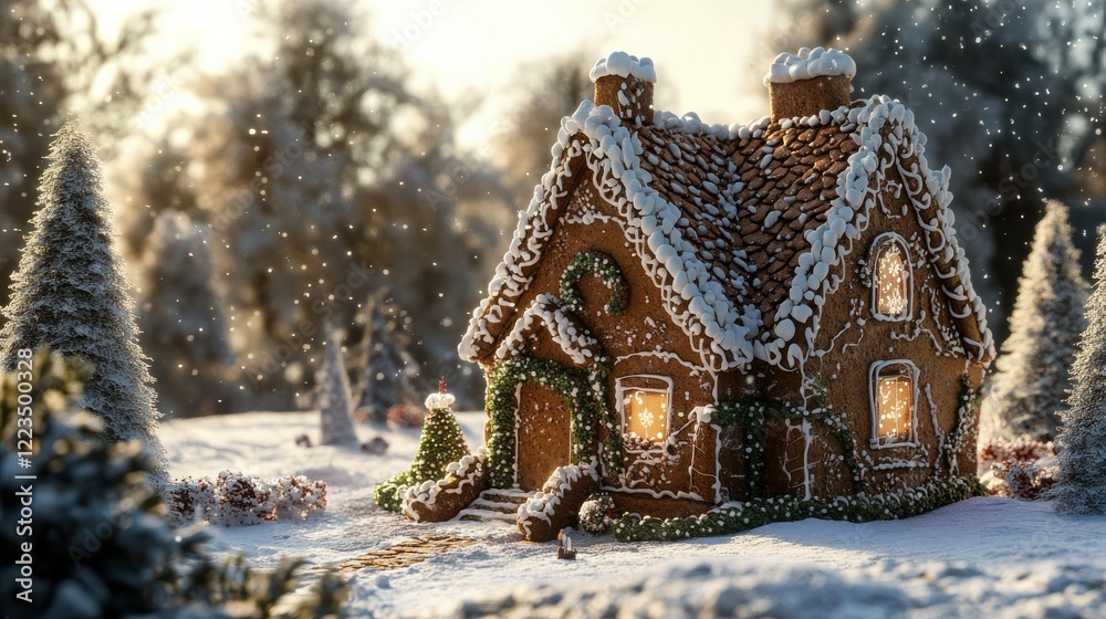 Snowy gingerbread house in winter wonderland with icing and candy decor Snowy gingerbread house in winter wonderland with icing and candy decor