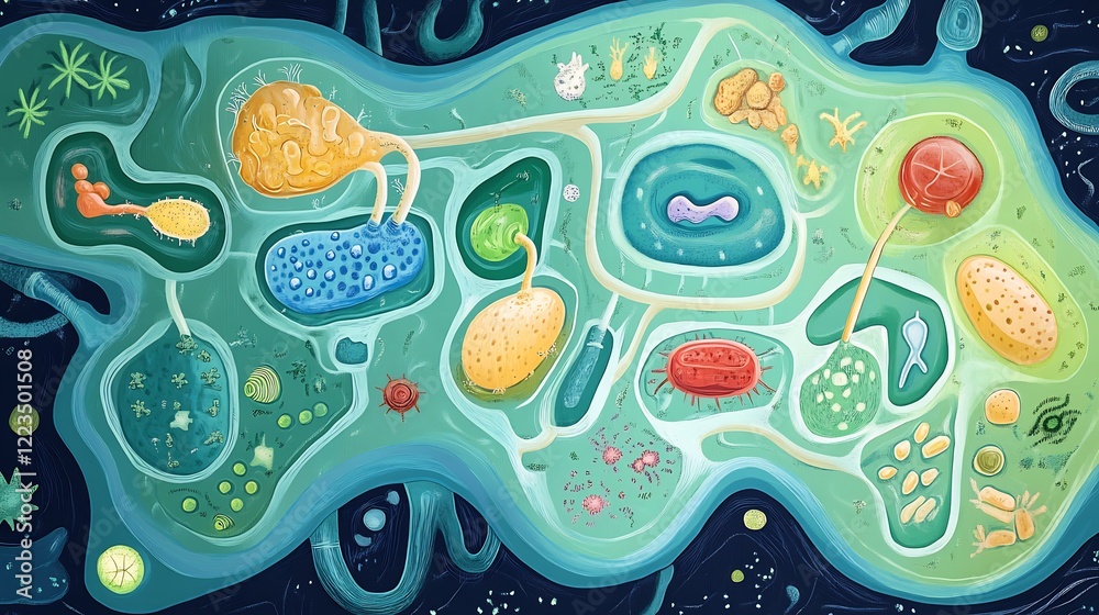 Fototapeta premium Symbolic portrayal of metabolic pathways showcasing fermentation and respiration processes in microbial cells