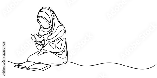 Muslim arab woman praying. A girl in a scarf, praying. Logo one line womens hijab scarf. Hijab vector illustration, Muslim girl Praying continuous one line drawing, Ramadan concept.    