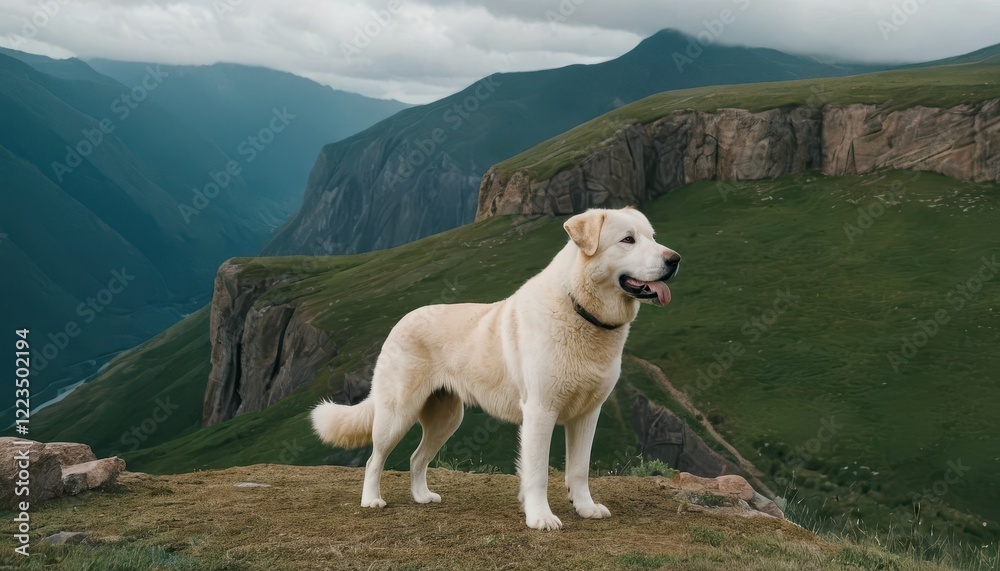 Fototapeta premium Powerful Alabai dog in a natural mountain setting, showcasing its proud stance and thick coat, framed by dramatic landscapes and expansive views