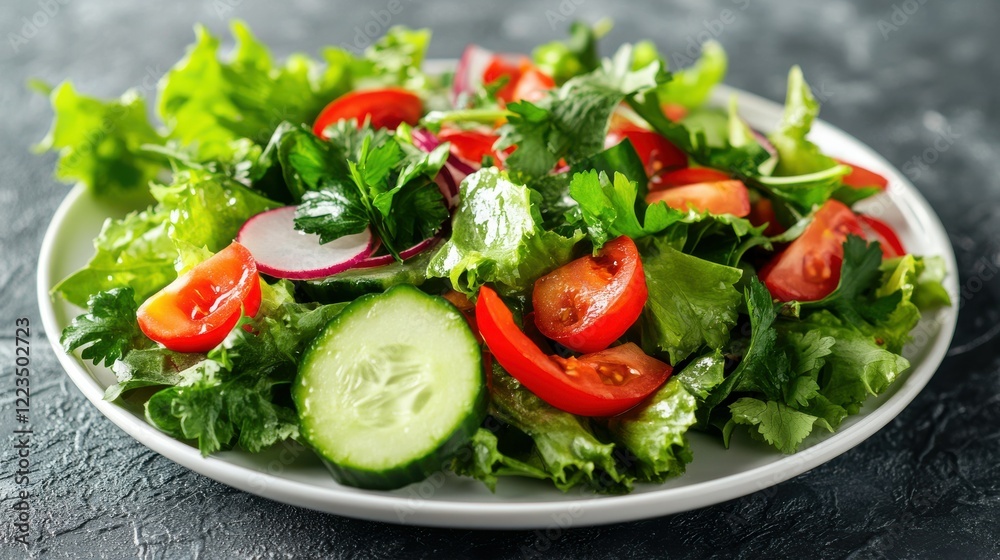 Fresh vegetable salad with lettuce, tomatoes, cucumber, and radishes on white plate Fresh vegetable salad with lettuce, tomatoes, cucumber, and radishes on white plate