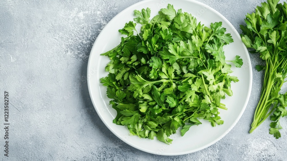 Fresh green parsley on a white plate over gray textured surface Fresh green parsley on a white plate over gray textured surface