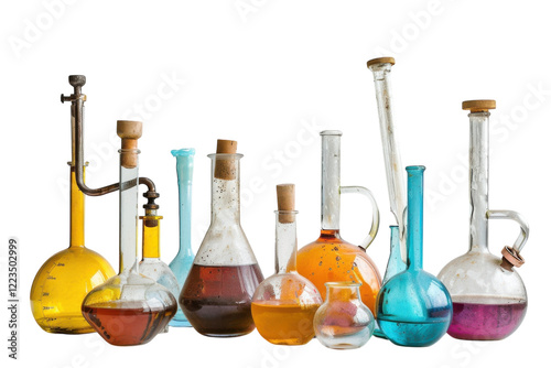 Colorful glass laboratory vessels filled with vibrant liquids on a minimalist backdrop create an intriguing scientific atmosphere isolated on transparent background