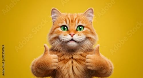 Adorable Ginger Cat Giving Two Thumbs Up on Yellow Background photo