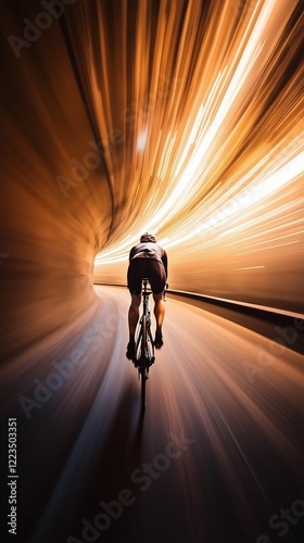 A slow-motion effect of a cyclist pedaling through a tunnel with light at the end, the motion blur creating a dramatic effect, perfect for a cycling phone wallpaper
