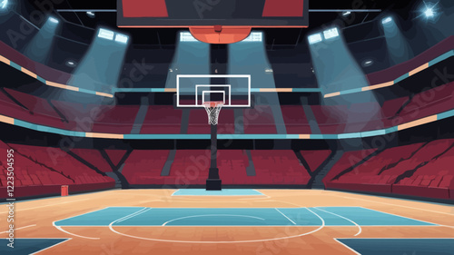 Modern basketball court interior with spotlights scoreboard and empty seats cartoon vector illustration