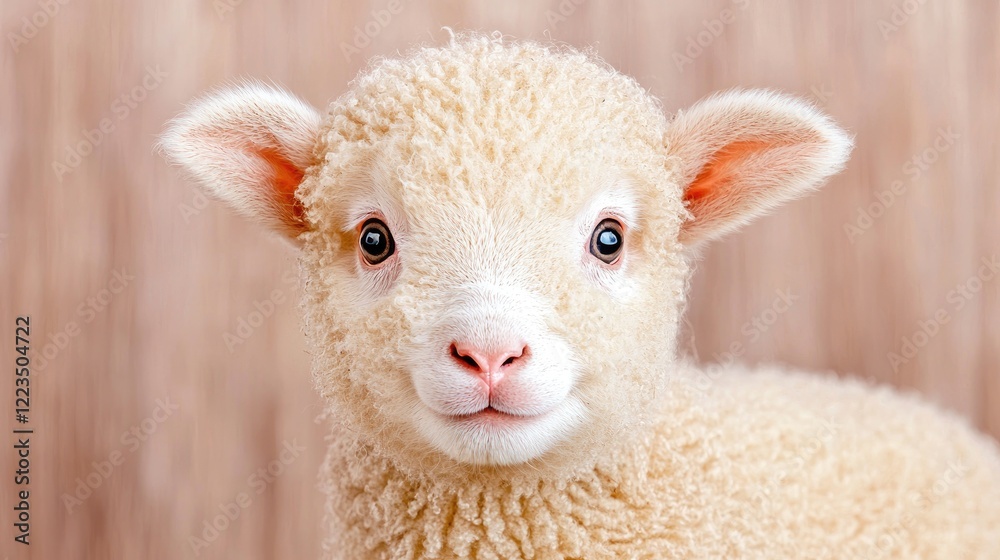 Fototapeta premium Cute lamb portrait, farm background, springtime