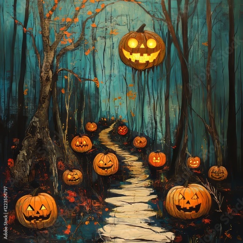 Halloween background with pumpkins in the forest. Digital painting.