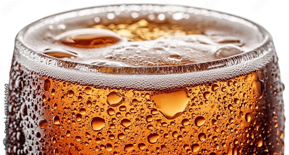 Close-up of a cold bubbly amber beverage, transparent background png Close-up of a cold bubbly amber beverage, transparent background png