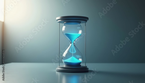 Digital style neon blue hourglass displayed on table, softly glowing against neutral background, illuminated by subtle backlight. Time management, transience and value of time concept. Copy space