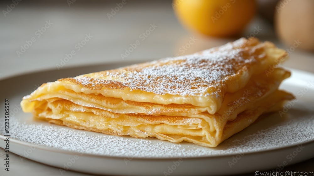 Golden crepe folded into a triangle with powdered sugar on a white plate Golden crepe folded into a triangle with powdered sugar on a white plate