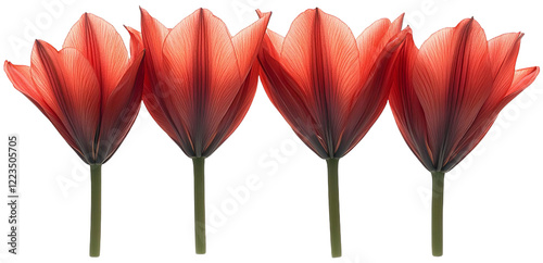Four Red Flowers in a Row, transparent background png