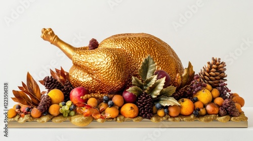 Golden turkey sculpture surrounded by autumn fruits and pinecones photo