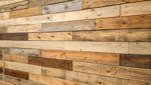 Reclaimed wood paneling, horizontal planks, varying shades of brown and beige.  Intricate wood grain patterns, knots, and natural markings throughout the planks.  Detailed texture of wood,  photo