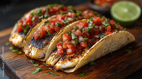Experience delicious blackened fish tacos served with fresh salsa on a wooden board