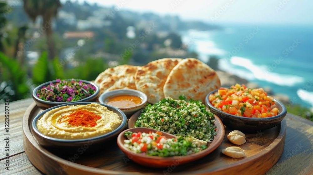 Obraz premium Lebanese mezze platter with arak overlooking the stunning Beirut coastline
