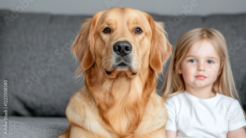 Girl and Golden Retriever on sofa, indoor setting