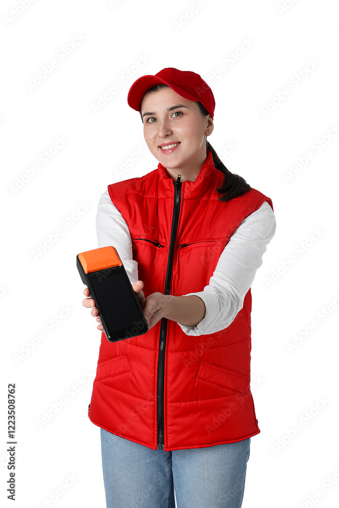 Happy courier with payment terminal on white background Happy courier with payment terminal on white background
