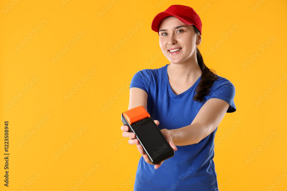 Happy courier with payment terminal on yellow background, space for text Happy courier with payment terminal on yellow background, space for text