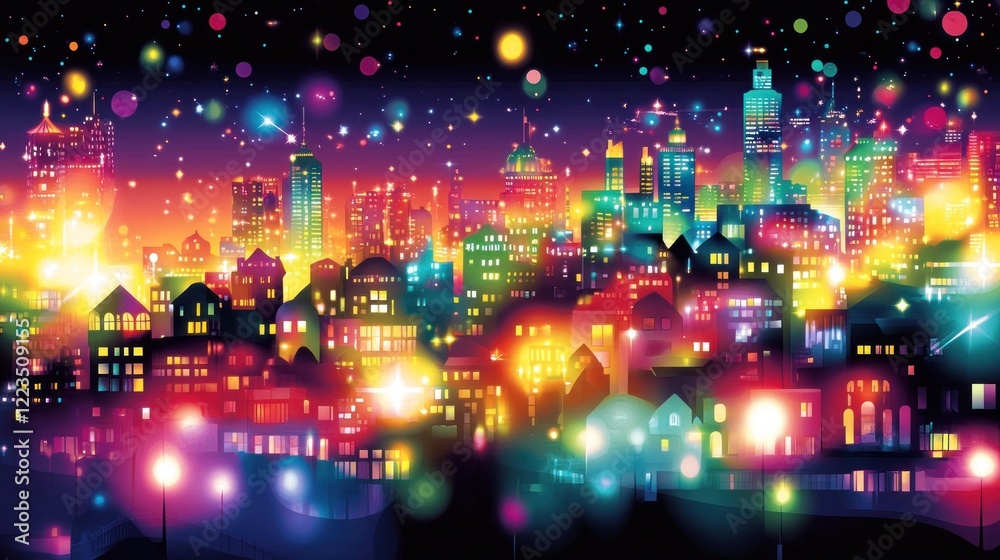 Fototapeta premium A vibrant cityscape at night glowing with colorful lights