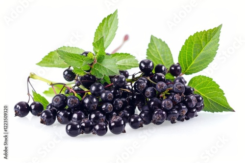 Fresh elderberries with vibrant green leaves arranged artistically on a white background in natural light showcasing their rich color isolated on transparent background