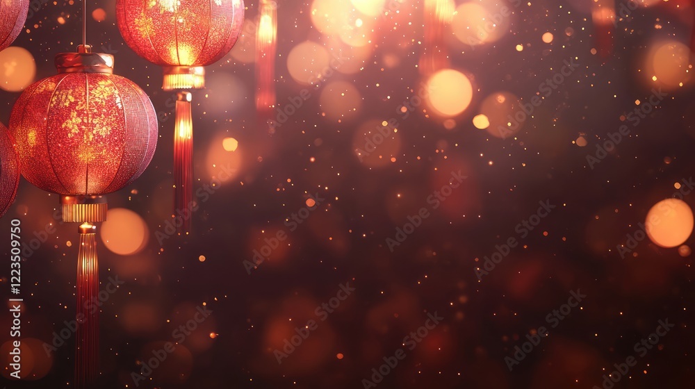 Bright red lanterns with intricate details glow warmly amidst shimmering golden bokeh lights on a dark background. Perfect for Chinese New Year and festive themes Bright red lanterns with intricate details glow warmly amidst shimmering golden bokeh lights on a dark background. Perfect for Chinese New Year and festive themes