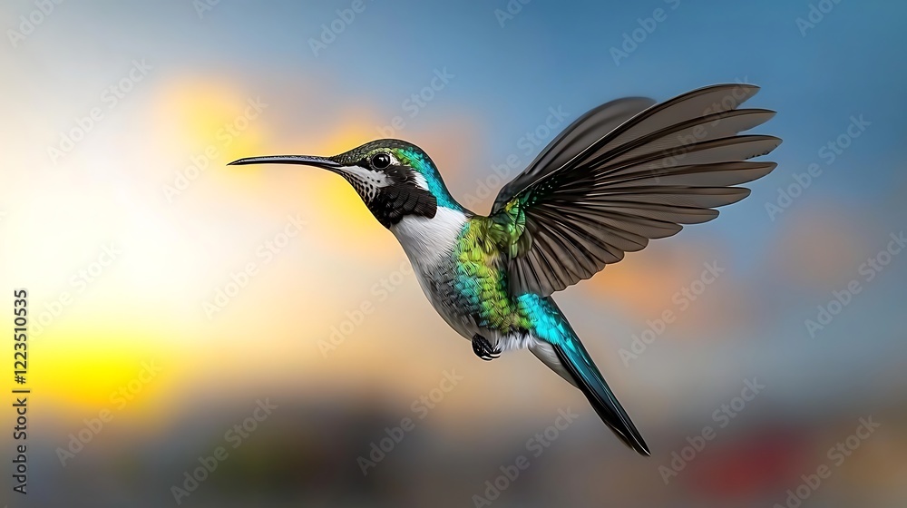 Fototapeta premium Hummingbird in flight, sunset background, nature scene, wildlife photography