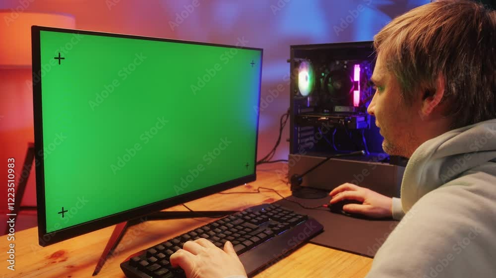 Computer with chroma key green screen on monitor. Gamer man playing in ...