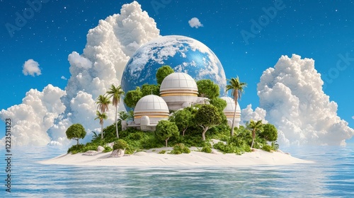 Utopian Tropical Island: Futuristic Domes and Lush Vegetation Under a Vibrant Blue Planet