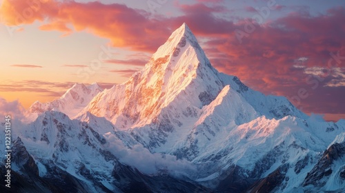 Majestic Snow-Capped Peak at Sunset: A Serene Landscape