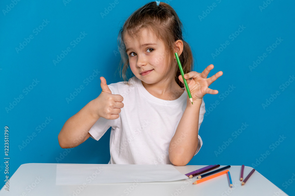 Little girl in casual white t-shirt sitting at a table and drawing on white paper with colored pencils on a blue background. Concept of children's creativity. Mock up. High quality photo Little girl in casual white t-shirt sitting at a table and drawing on white paper with colored pencils on a blue background. Concept of children's creativity. Mock up. High quality photo