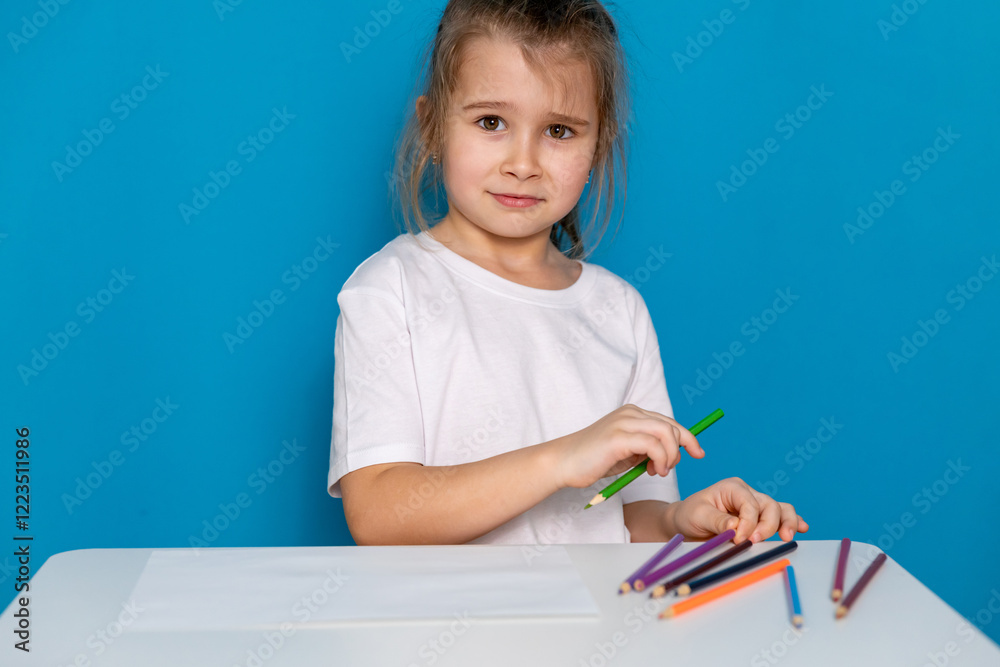 Little girl in casual white t-shirt sitting at a table and drawing on white paper with colored pencils on a blue background. Concept of children's creativity. Mock up. High quality photo Little girl in casual white t-shirt sitting at a table and drawing on white paper with colored pencils on a blue background. Concept of children's creativity. Mock up. High quality photo
