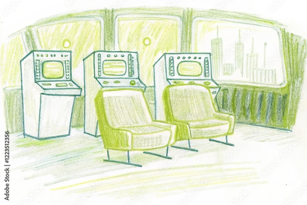 Fototapeta premium Retro futuristic control room with vintage monitors and chairs in pastel tones