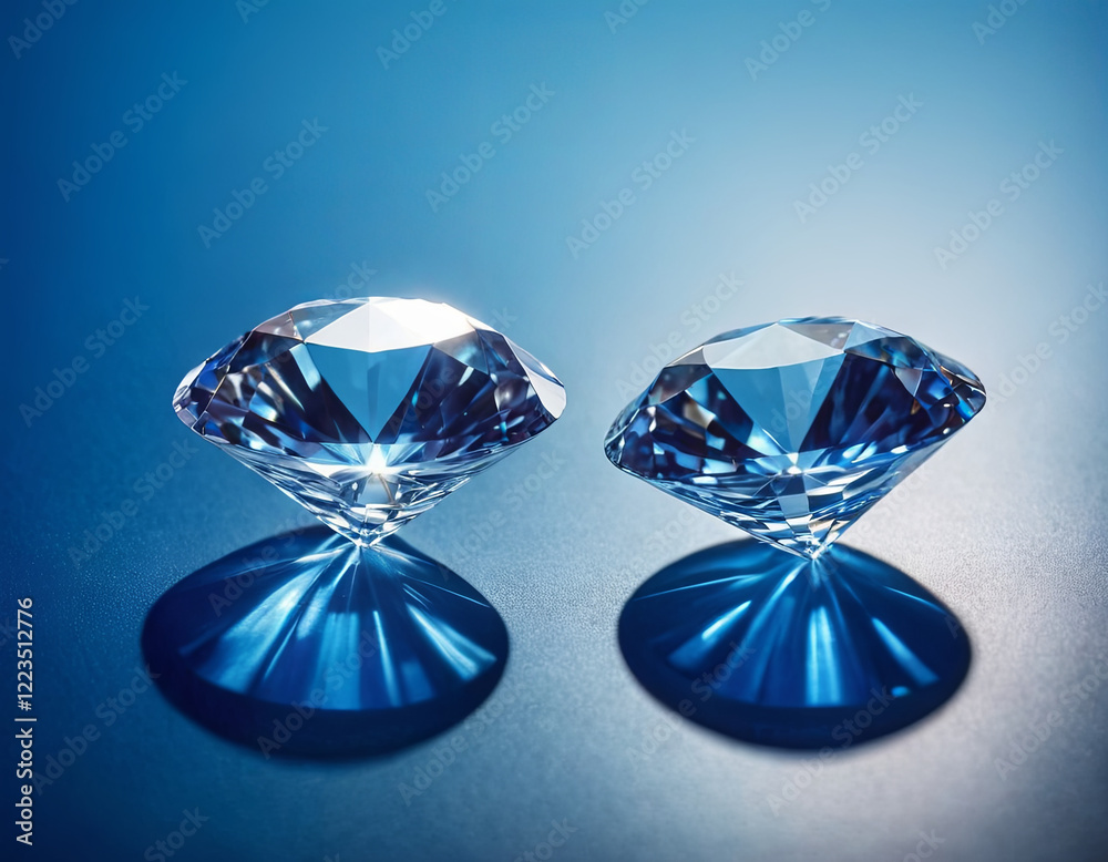Brightly cut diamonds rest on a smooth blue surface, showcasing exceptional clarity and brilliance as they catch and reflect light. The contrasting shadows enhance their dazzling appearance Brightly cut diamonds rest on a smooth blue surface, showcasing exceptional clarity and brilliance as they catch and reflect light. The contrasting shadows enhance their dazzling appearance