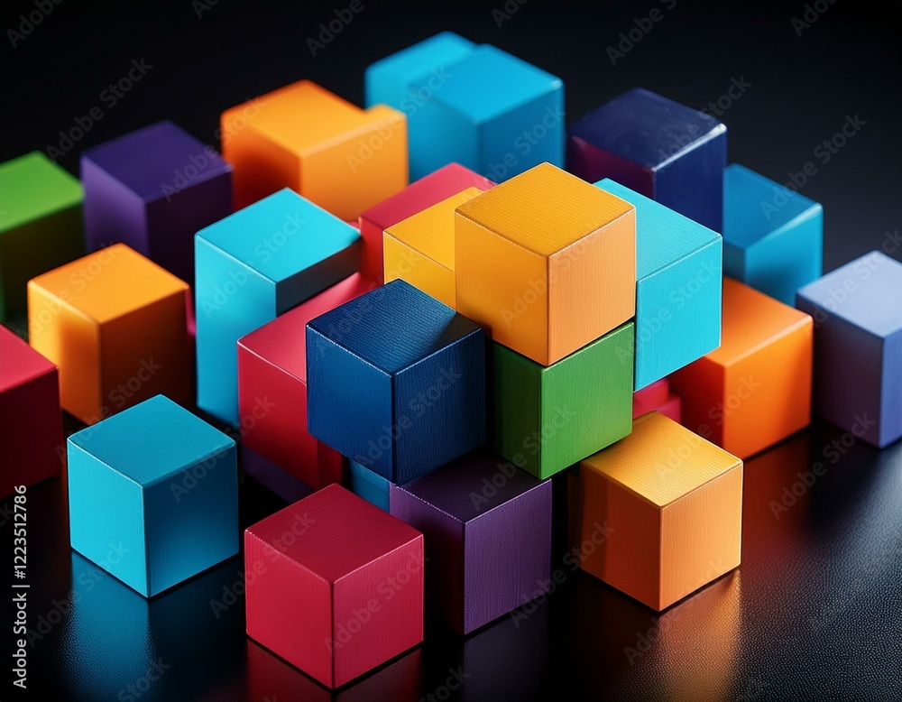 Abstract Digital Geometric Cubes Background. Many colorful 3d cubes on black background Abstract Digital Geometric Cubes Background. Many colorful 3d cubes on black background