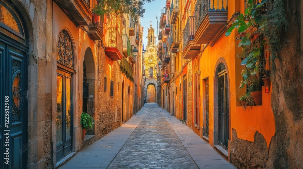 Fototapeta premium Gothic alleyway in Barcelona bathed in golden afternoon light