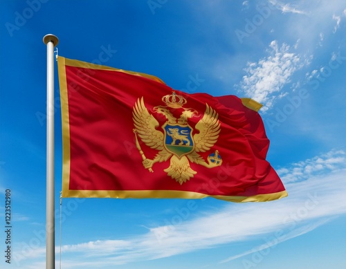 Montenegro flag waving in the wind on a blue sky background