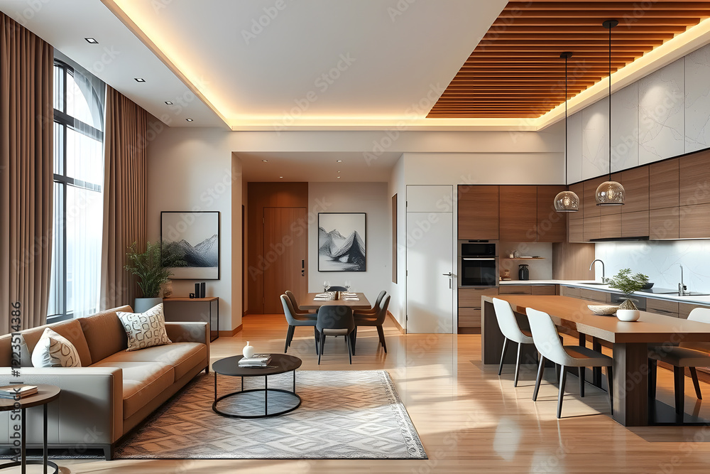 Modern open-concept living room with minimalist design, featuring neutral tones, sleek furniture, and a kitchen island. Large windows allow natural light to illuminate the space. Wall mock up. Modern open-concept living room with minimalist design, featuring neutral tones, sleek furniture, and a kitchen island. Large windows allow natural light to illuminate the space. Wall mock up.