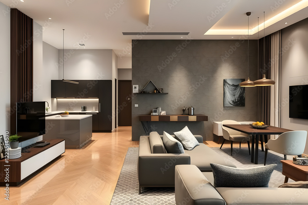 Fototapeta premium Modern open-concept living room with minimalist design, featuring neutral tones, sleek furniture, and a kitchen island. Large windows allow natural light to illuminate the space. Wall mock up.