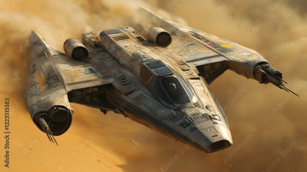 Fototapeta premium Desert Planet Starship Low Flight Dust Cloud