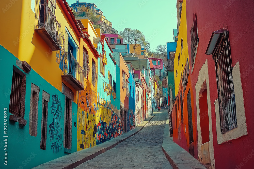 Fototapeta premium A colorful graffiti-covered alleyway in a bustling metropolis