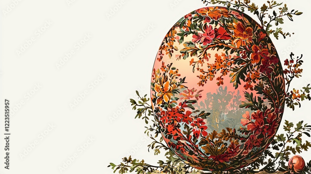 Vibrant red Easter egg with intricate gold patterns, placed amidst lush green foliage and delicate spring blossoms, capturing the essence of Easter elegance Vibrant red Easter egg with intricate gold patterns, placed amidst lush green foliage and delicate spring blossoms, capturing the essence of Easter elegance