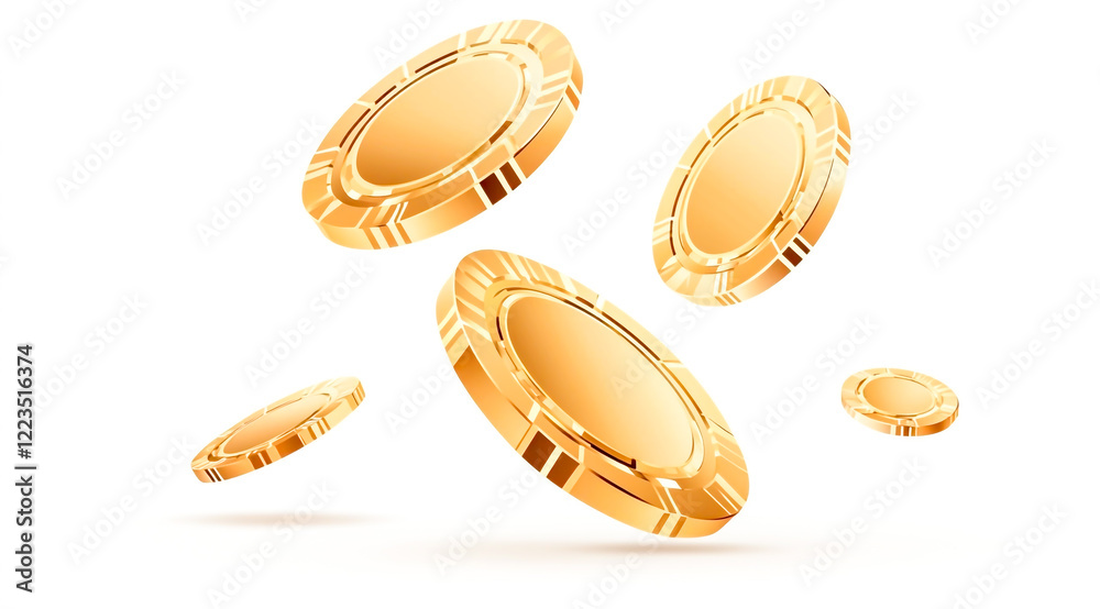Fototapeta premium Gold casino chips floating in the air, isolated on a white background. Vector illustration, flat design