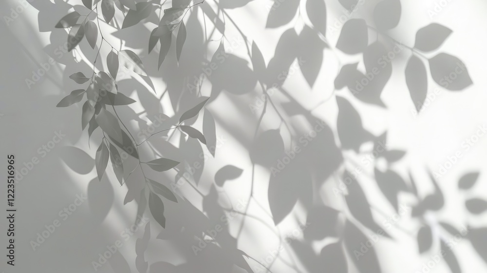Delicate shadow effect of leaves and branches, blurred on a plain white background. Abstract nature-inspired design with space for text Delicate shadow effect of leaves and branches, blurred on a plain white background. Abstract nature-inspired design with space for text