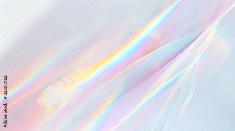 Fototapeta premium A white background with vibrant rainbow light streaks created by a prism effect. A dreamy, fluorescent ethereal look and holographic glow