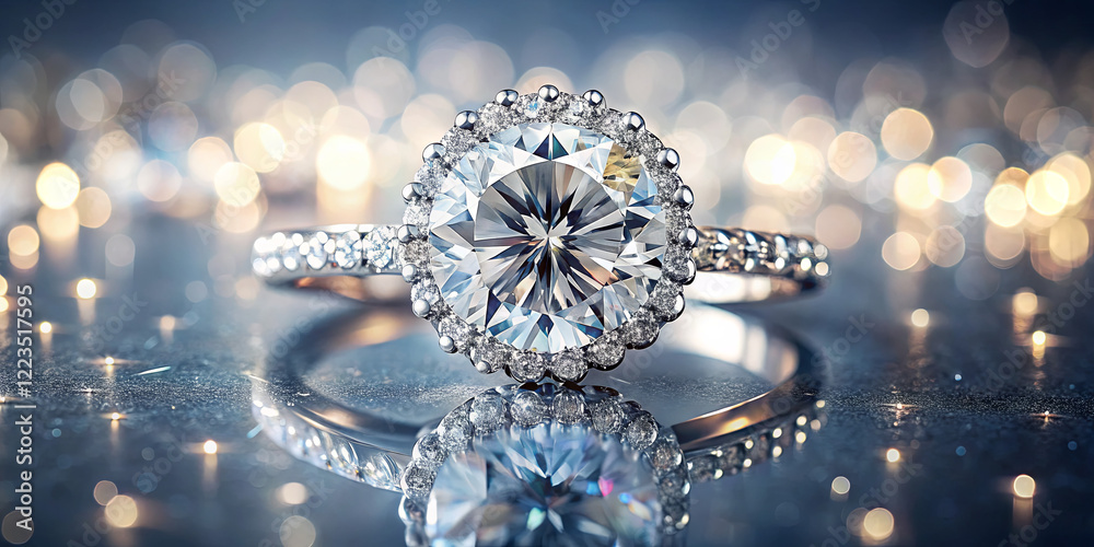 A stunning round diamond ring, surrounded by smaller stones, rests on a reflective surface. The soft lights in the background create a glamorous atmosphere, emphasizing its beauty A stunning round diamond ring, surrounded by smaller stones, rests on a reflective surface. The soft lights in the background create a glamorous atmosphere, emphasizing its beauty