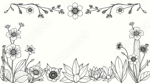 Floral frame, black and white illustration