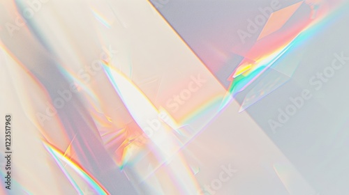 A white background with vibrant rainbow light streaks created by a prism effect. A dreamy, fluorescent ethereal look and holographic glow photo